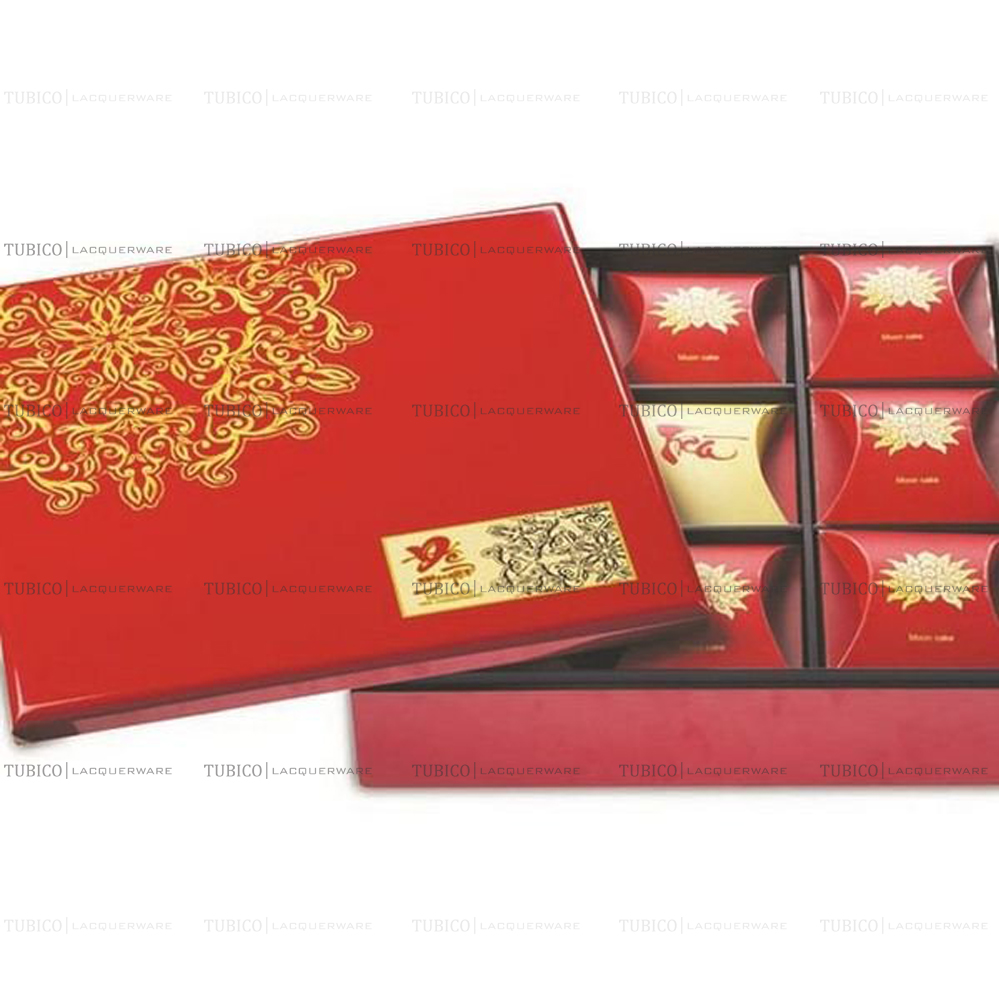 Hộp quà tặng sơn mài đựng bánh trung thu màu đỏ bóng in hoa văn cao cấp